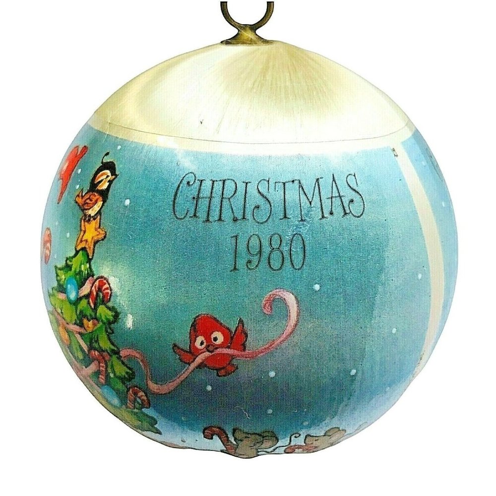 Vintage 1980 Hallmark Grandson Satin Ornament Snowman Tree Raccoons Skating Sled